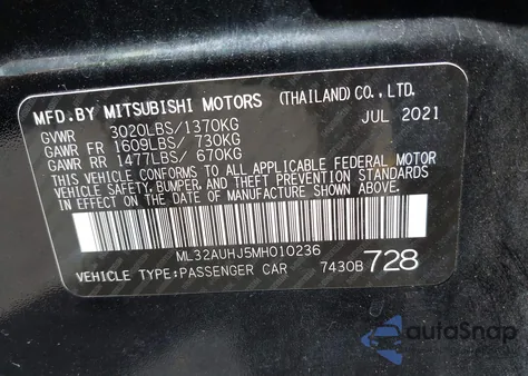 2021 Mitsubishi Mirage Carbonite Edition/Es/Le z USA, uszkodzony, nr VIN ML32AUHJ5MH010236